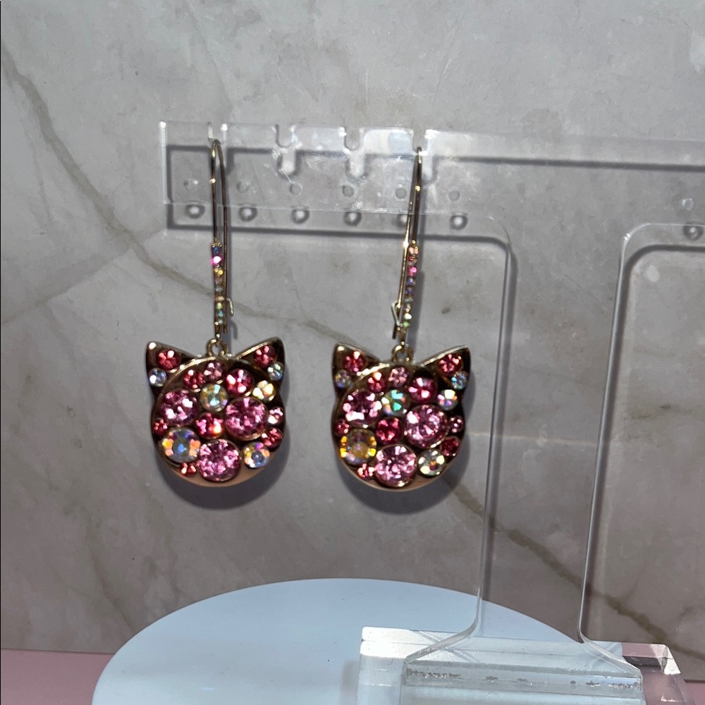 Betsey Johnson Pink and Multicolor Rhinestone Cat Earrings - Picture 3 of 10